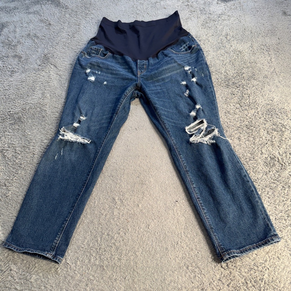 Old Navy Maternity Boyfriend Jeans 16 Blue Distressed Denim Full Belly Panel